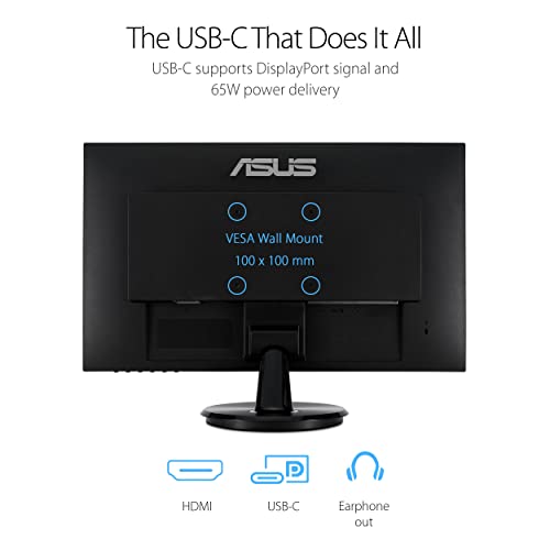 ASUS 27” 1080P Monitor (VA27DCP) - Full HD, IPS, 75Hz, USB-C 65W Power Delivery, Speakers, Adaptive-Sync/FreeSync, Eye Care, Low Blue Light, Flicker Free, VESA Mountable, Frameless, HDMI