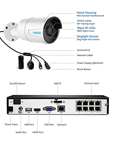 REOLINK 8CH 5MP Home Security Camera System, 4pcs Wired 5MP Outdoor PoE IP Cameras, 4K 8CH NVR with 2TB HDD for 24-7 Recording, RLK8-410B4-5MP