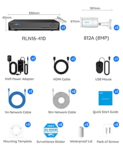 REOLINK 4K Security Camera System, 8pcs H.265 PoE Wired Bullet 4K Cameras with Person Vehicle Detection, Two-Way Talk, Spotlights, 4K/8MP 16CH NVR with 3TB HDD for 24-7 Recording, RLK16-812B8-A