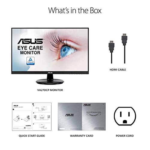 ASUS 27” 1080P Monitor (VA27DCP) - Full HD, IPS, 75Hz, USB-C 65W Power Delivery, Speakers, Adaptive-Sync/FreeSync, Eye Care, Low Blue Light, Flicker Free, VESA Mountable, Frameless, HDMI