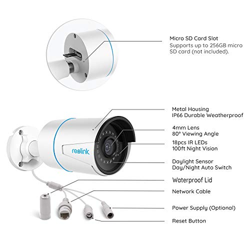 REOLINK 5MP 30fps Outdoor PoE IP Security Camera, Smart Human/Vehicle Detection, Smart Playback, Timelapse, 100ft Night Vision, Work with Smart Home, 256GB SD Card(Not Included) Storage, RLC-510A